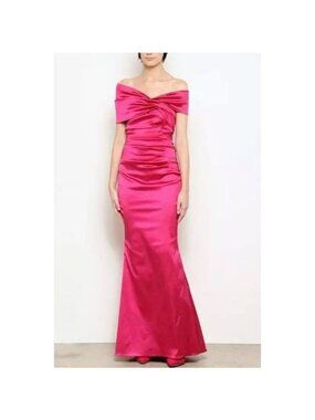 Talbot Runhof Pink Satin Evening Gown Off Shoulder Dress Women's 10